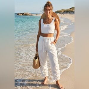 Free People White Ruched Hem Drawstring Joggers